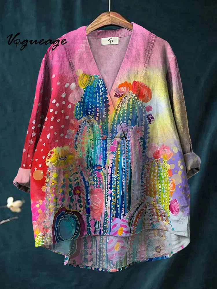 Brightly Painted Blooming Cactus Printed Cotton And Linen Shirt
