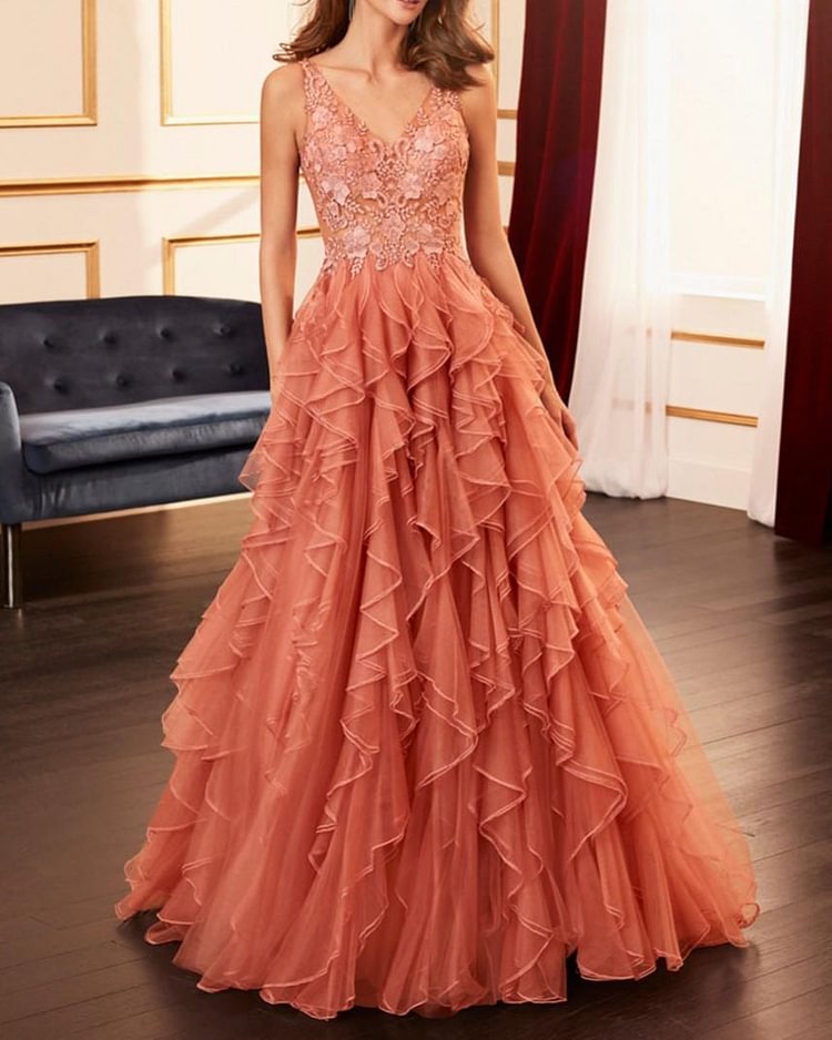 Elegant V-neck layered tulle maxi dress gown