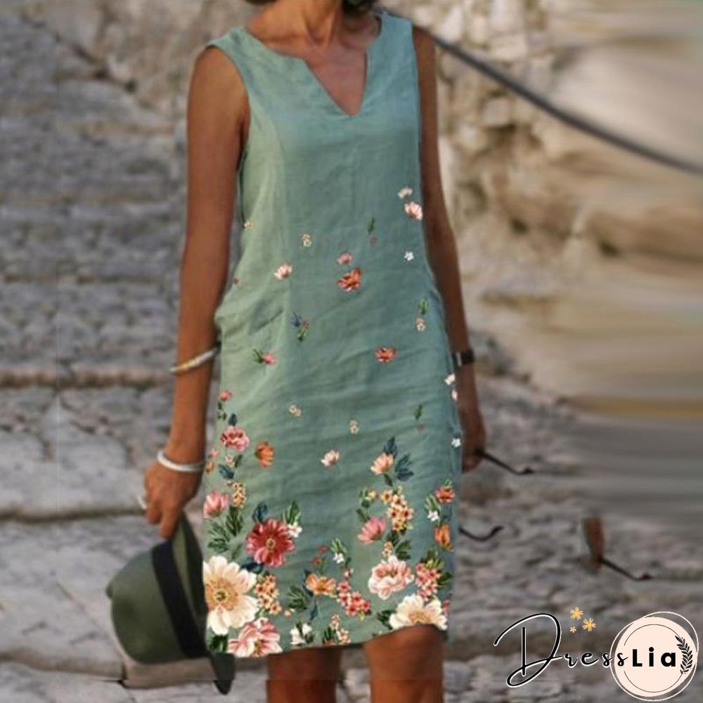 V-Neck Sleeveless Floral Print Dress