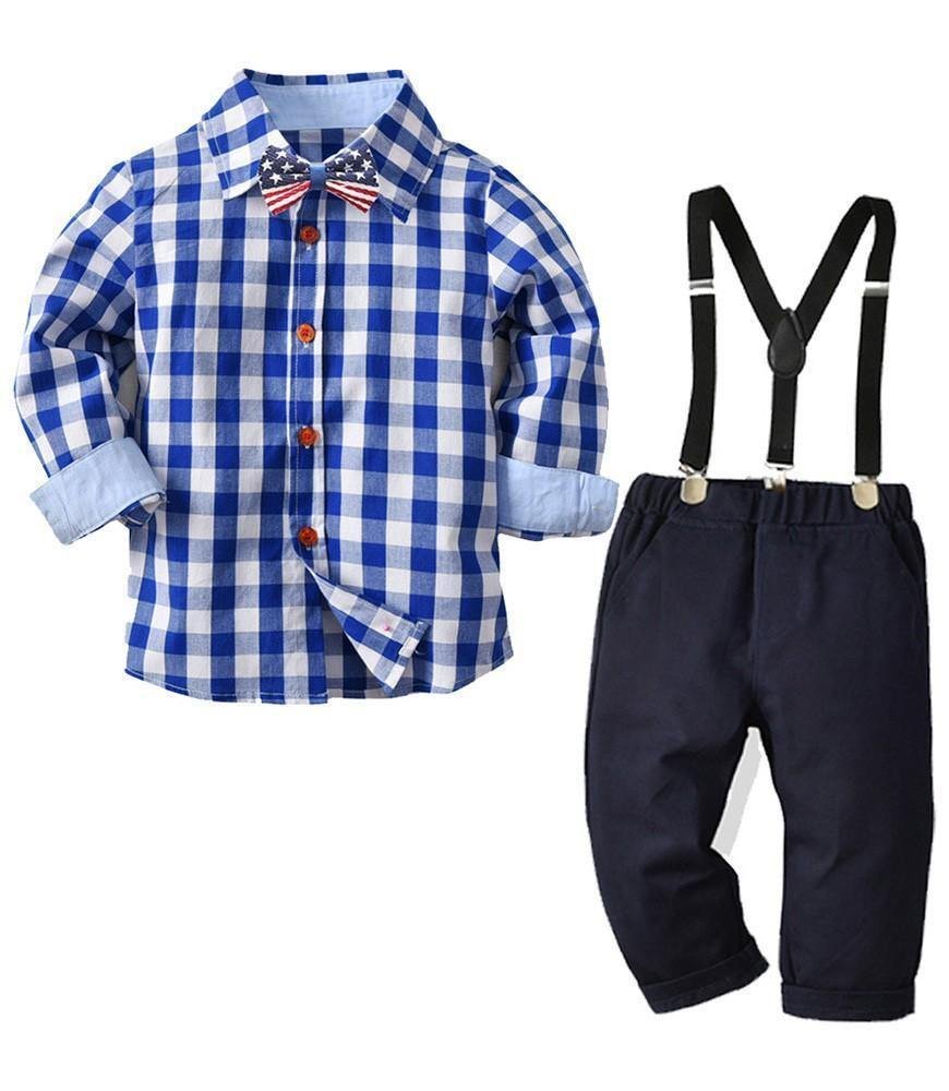 Buzzdaisy Blue Cotton Plaid Shirt And Metallic Suspender Pants Outfit Set