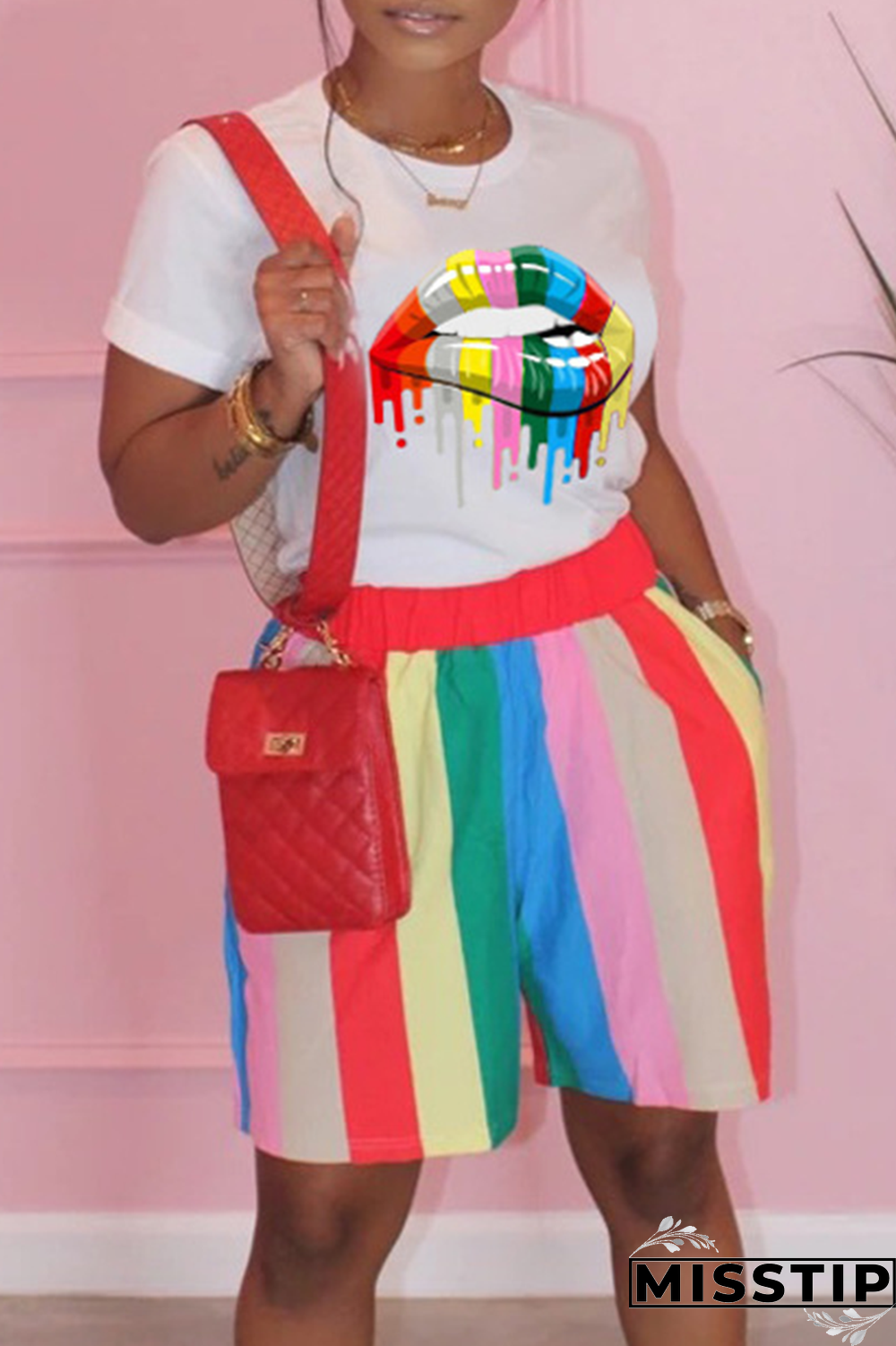 Black Casual Striped Lips Printed Patchwork O Neck Short Sleeve Two Pieces