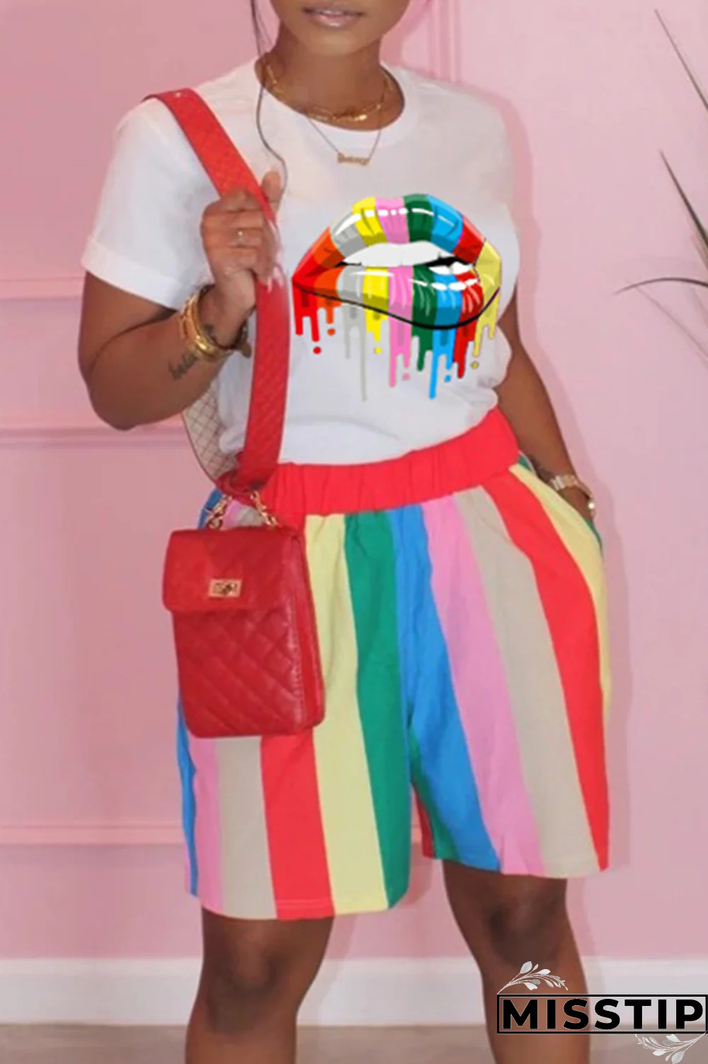 Black Casual Striped Lips Printed Patchwork O Neck Short Sleeve Two Pieces