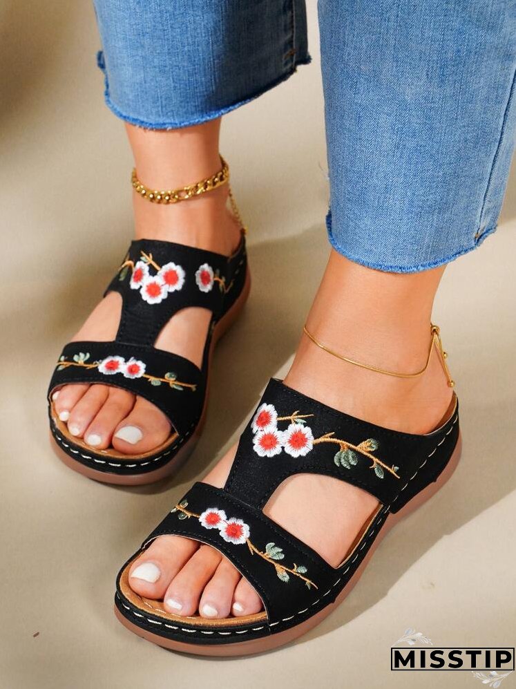 Floral Embroidery Wedge Sandals