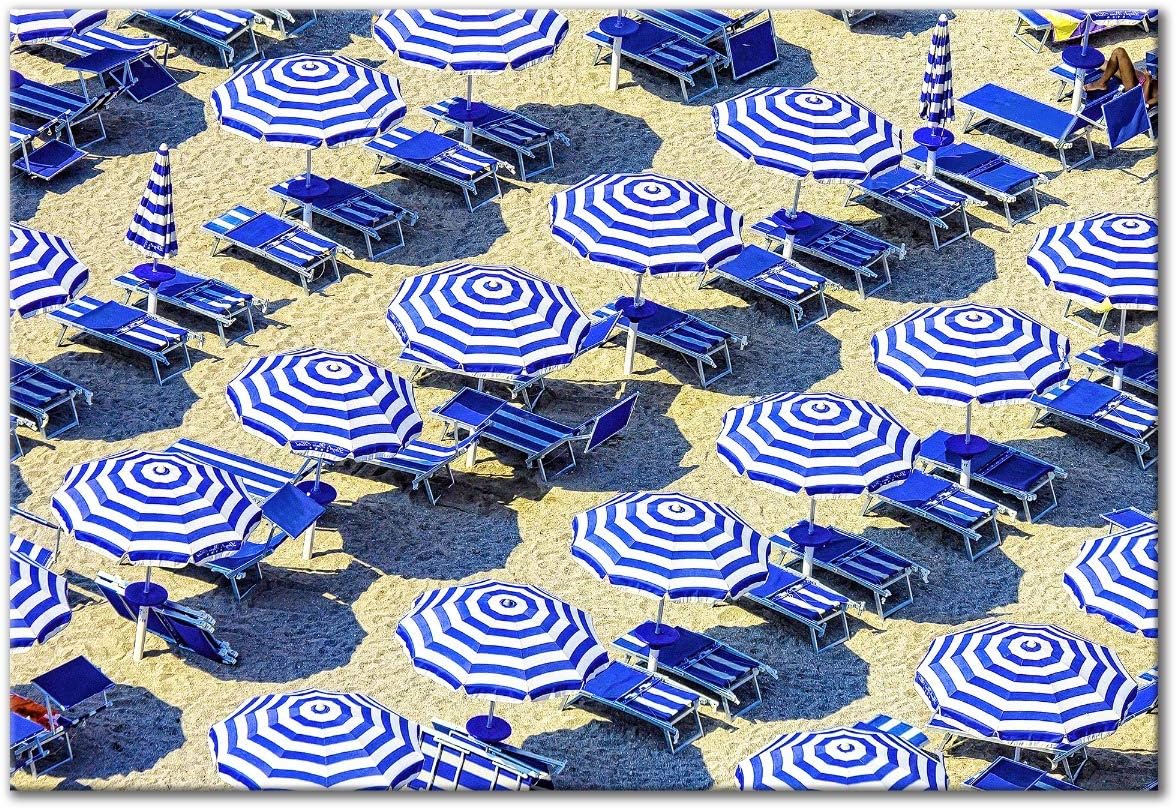 Humble Chic Blue Striped Umbrellas, 24x36 Horizontal Canvas Wall Art - HD Giclee Printed Stretched Panel Picture Decorations - Living Dining Bed Bath Kitchen Office Dorm Room Home Decor Prints Blue Striped Umbrellas