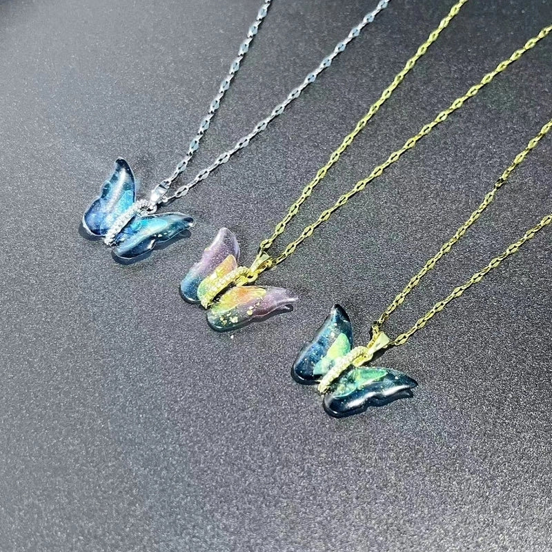 Elegant Streetwear Commute Butterfly 201 Stainless Steel Resin Zircon Inlay Pendant Necklace