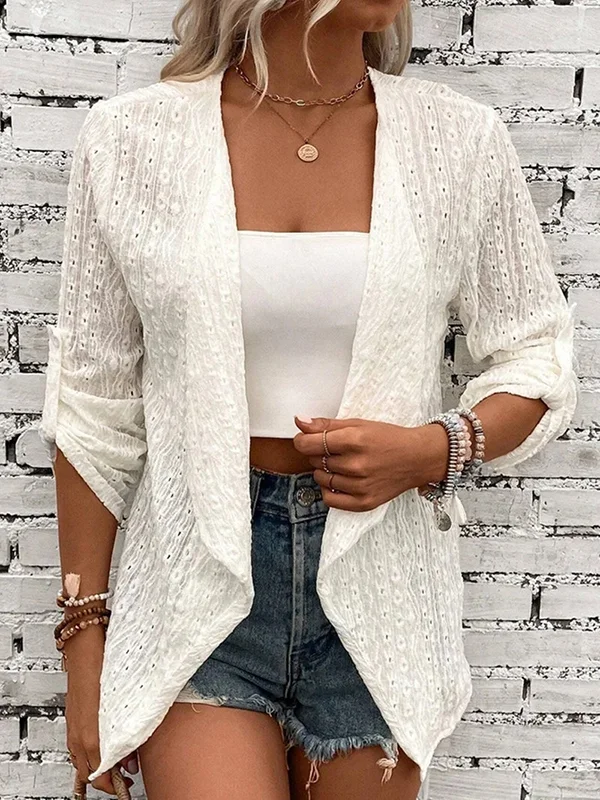 Solid Color Jacquard Hollow Buttoned Loose Long Sleeves Collarless Outerwear
