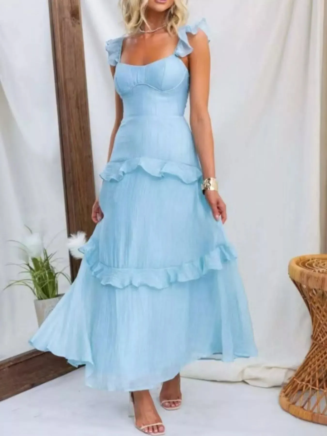 Ruffled Lace Up Back Maxi Dress mysite idetrend
