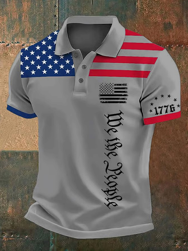 Comstylish Men's Independence Day Flag We The People Printed Holiday Casual Polo Shirt
