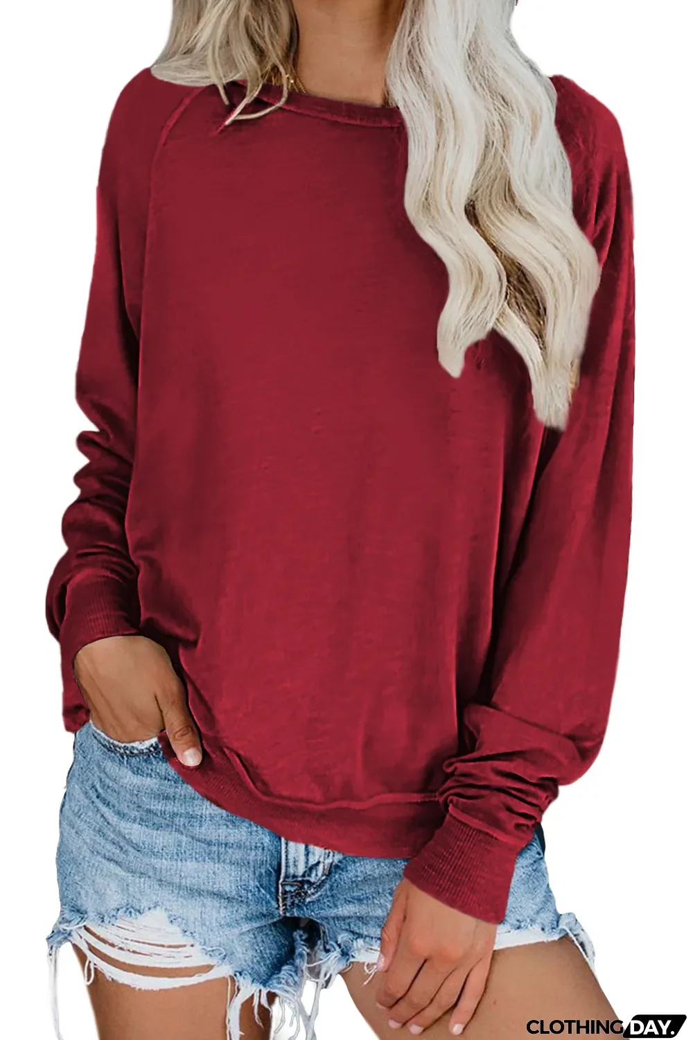 Blank Apparel - Wine Red Solid Crew Neck Pullover Sweatshirt