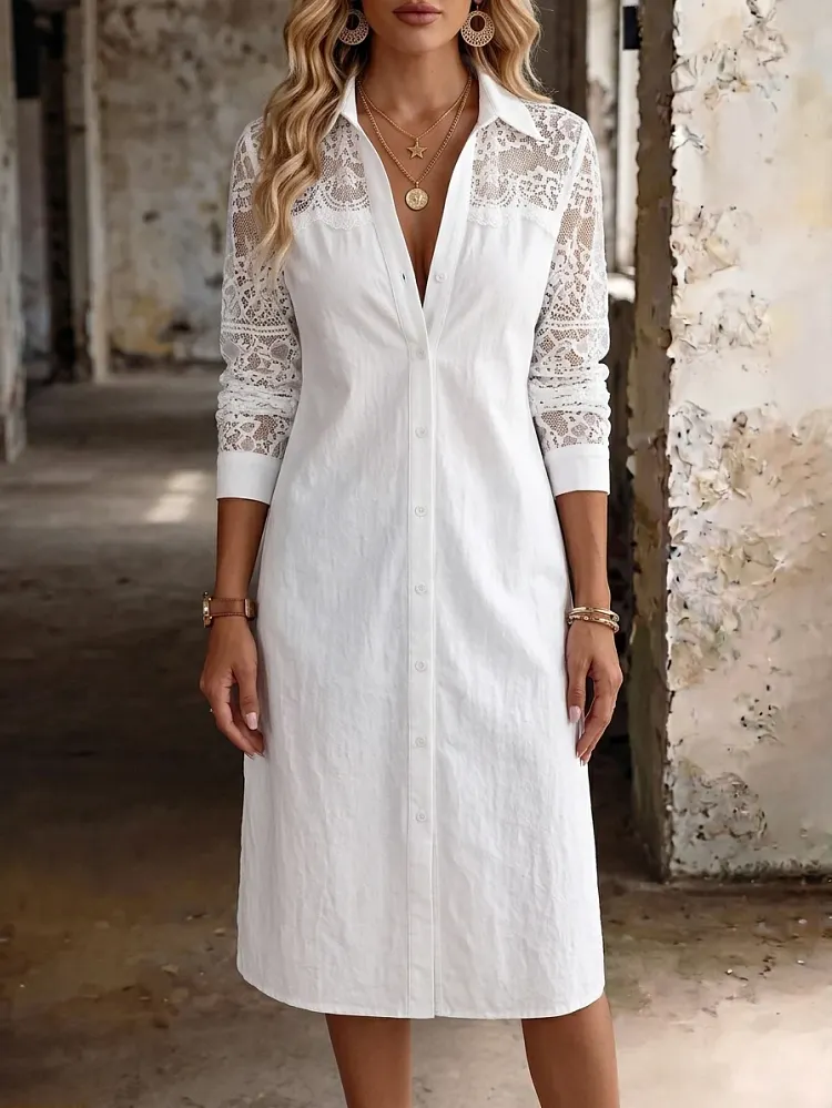 Women's Casual Fashion Fitted Long-sleeve Shirt Dress With Lace Accents
