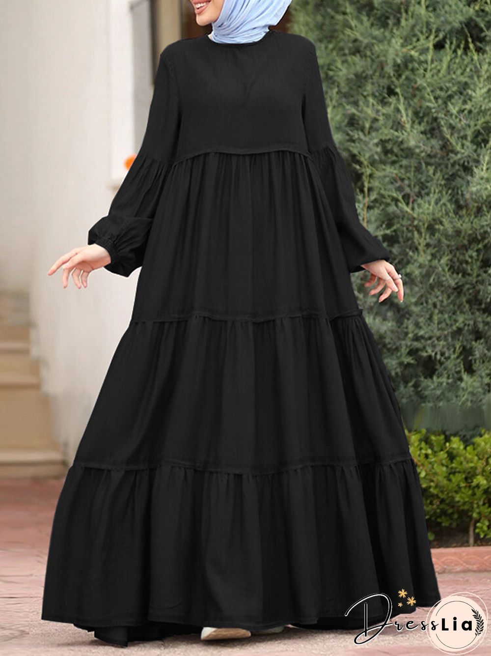 Muslim Solid Color Long Shirt Sundress Casual Pleated Maxi Dress