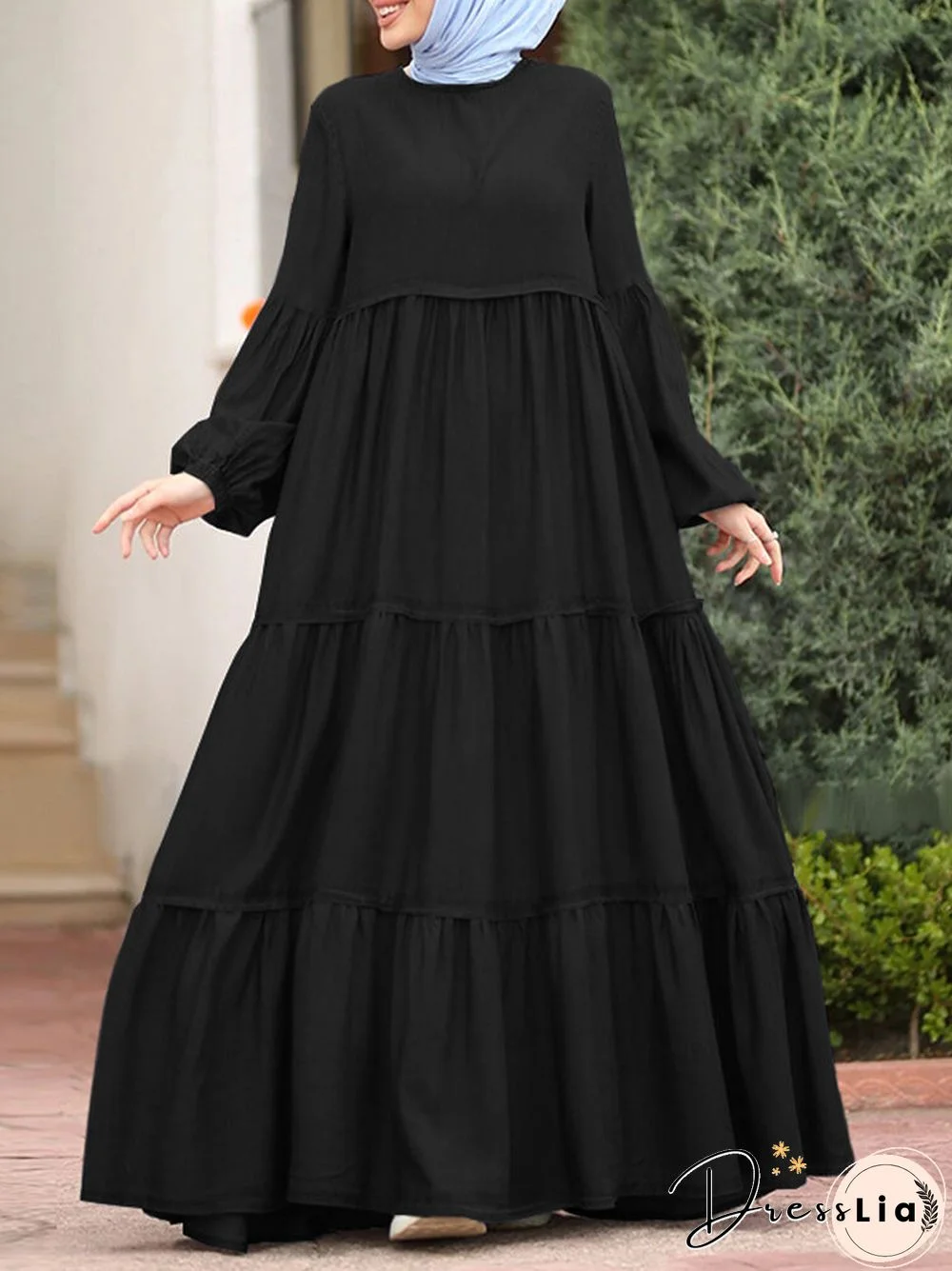 Muslim Solid Color Long Shirt Sundress Casual Pleated Maxi Dress
