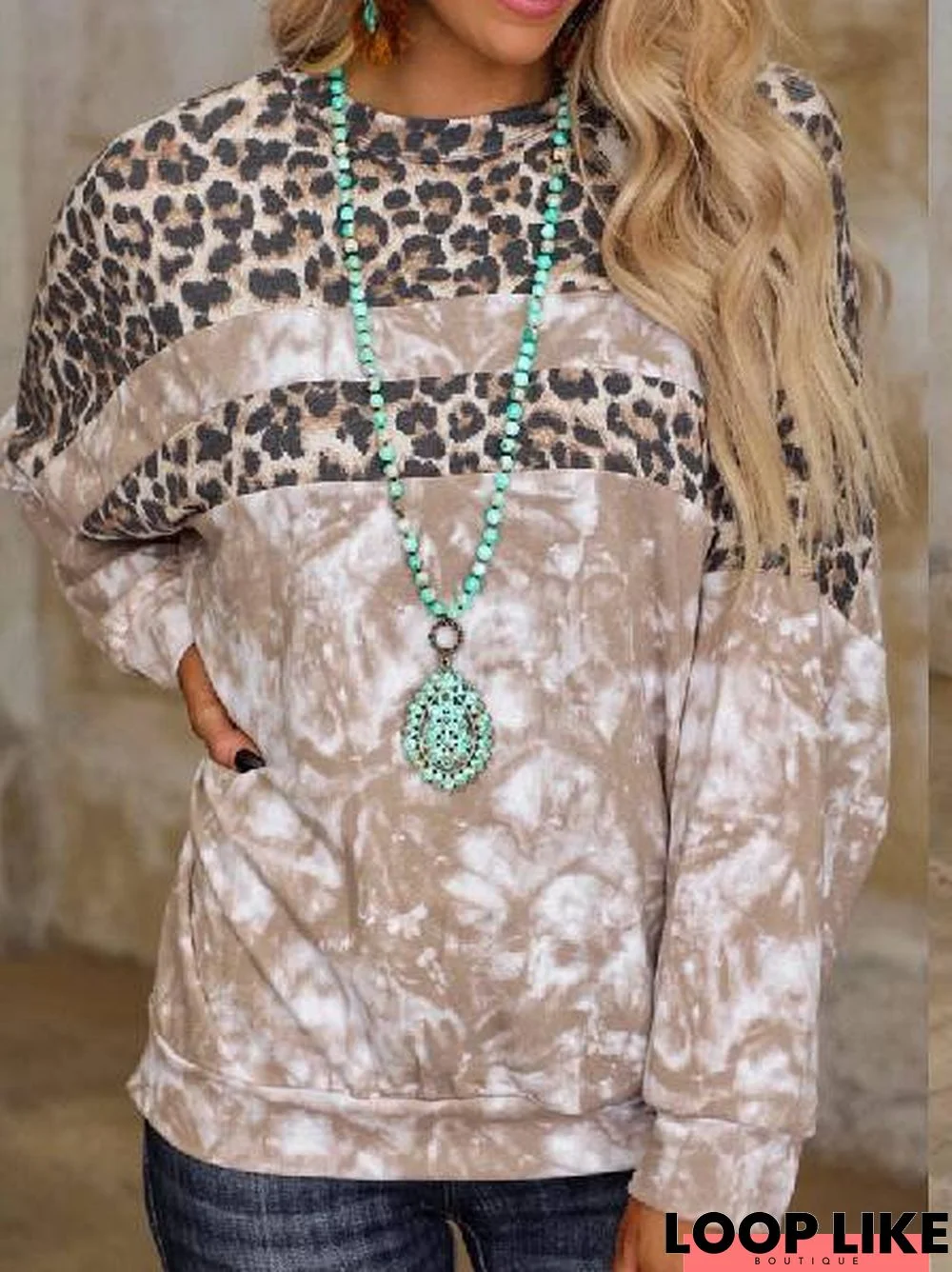 Cotton Crew Neck Leopard Long Sleeve Top