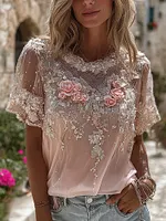 Bohemian Retro Style Plant Flower Design Women's  Linen Short-sleeve Shirt