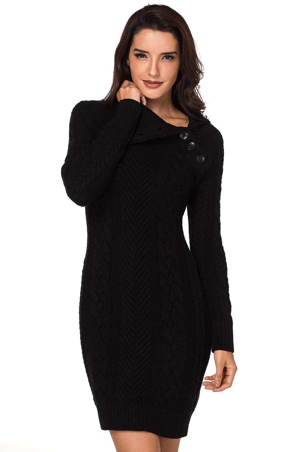 Women Black Asymmetric Buttoned Collar Black Bodycon Sweater Dress