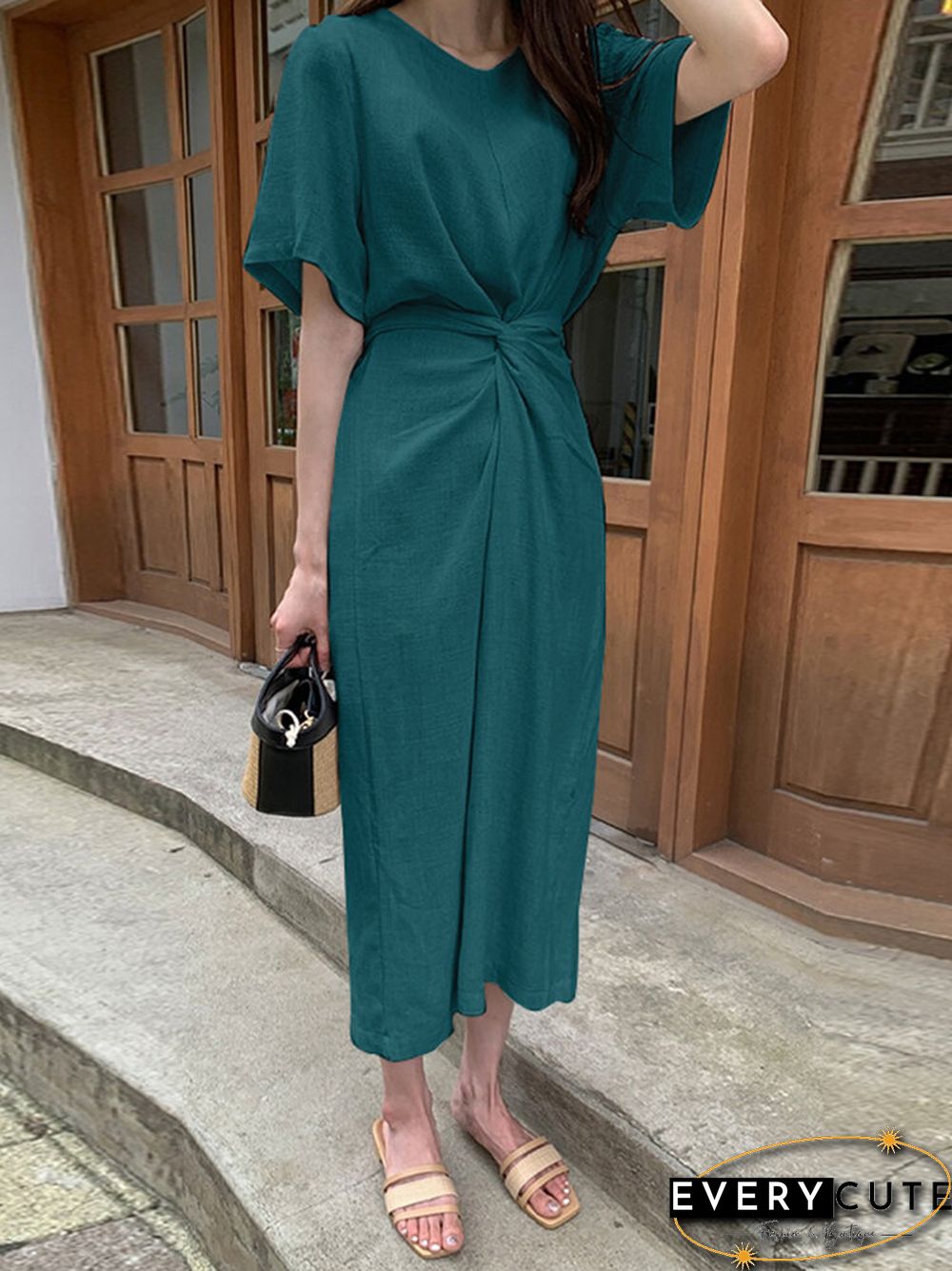 Cotton Solid Bowknot Short Sleeve Maxi Dress