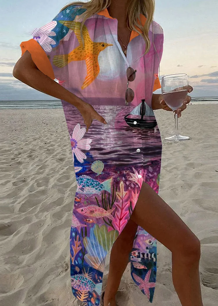 Holiday Seaside Printed Shirt Dress
