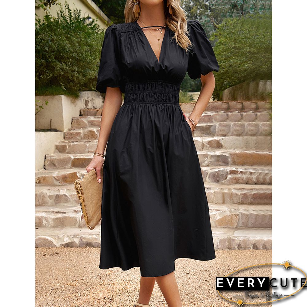 Black Solid V Neck Pleated Waist Midi Dress