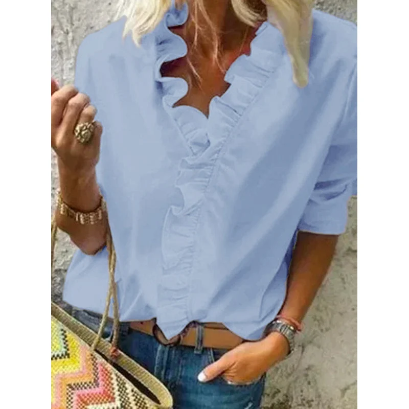 Ruffled Solid Color Long Sleeve Blouse