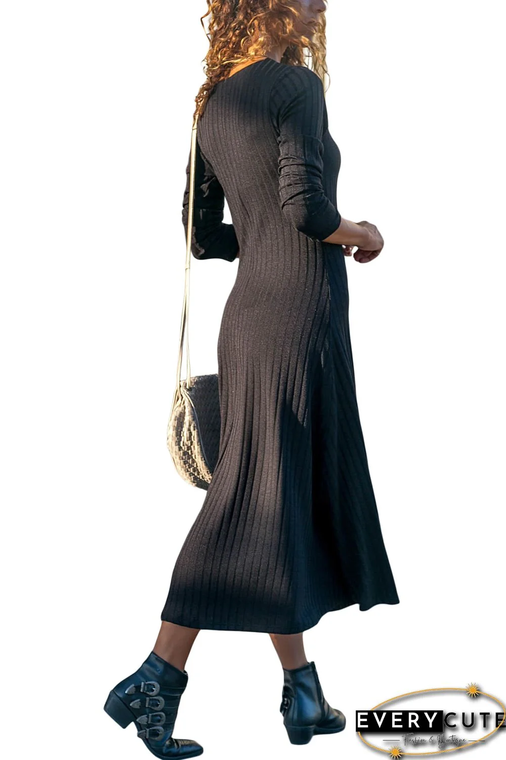 Black Button Front Long Sleeve Ribbed Maxi Dress