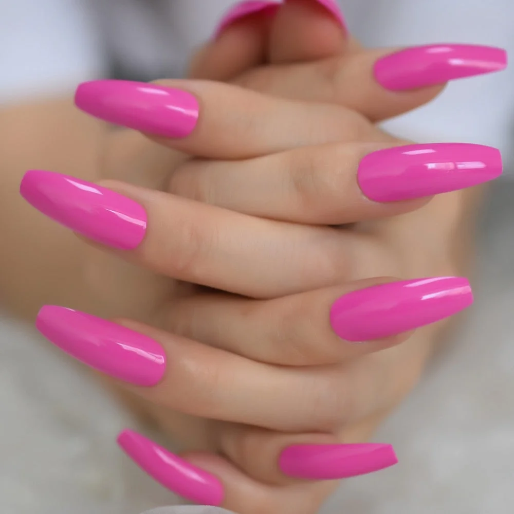 Rose Pink Extra Long Coffin Shape False Nails UV Shine Surface Neon Solid Color Acrylic Artificial Nail Tips 24-Nail Inspo