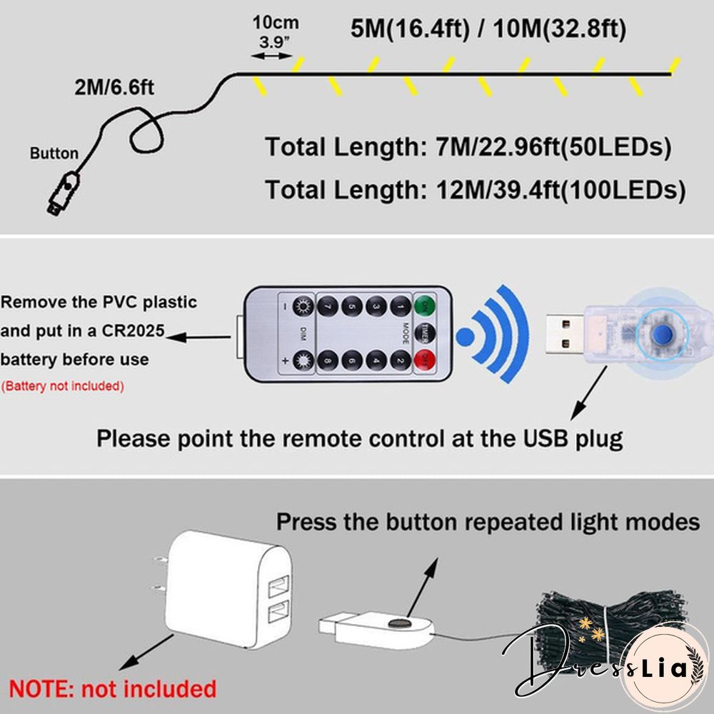 5M 50LEDs 10M 100LEDs LED String Lights Green Wire Remote Control USB Operated Timer Dimmable 8 Modes Fairy Twinkle Christmas Tree Lights Waterproof Starburst Lights for Christmas Birthday Bedroom Corridor Patio Wedding