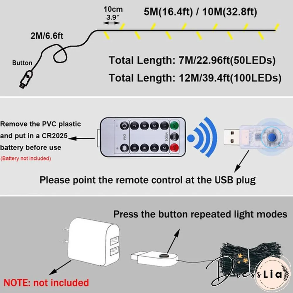 5M 50LEDs 10M 100LEDs LED String Lights Green Wire Remote Control USB Operated Timer Dimmable 8 Modes Fairy Twinkle Christmas Tree Lights Waterproof Starburst Lights for Christmas Birthday Bedroom Corridor Patio Wedding