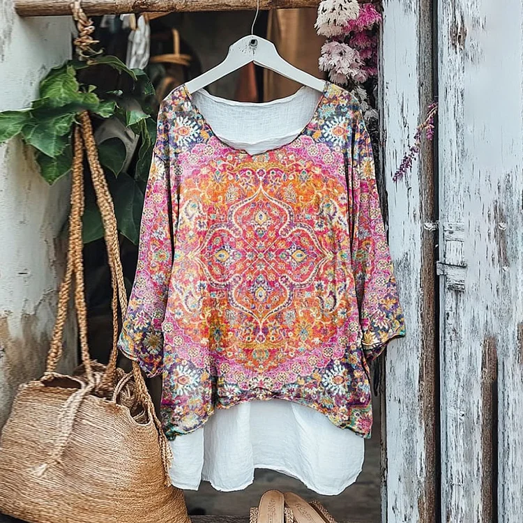 Vintage Bohemian Ethnic Print V-neck Cotton Line Blouse