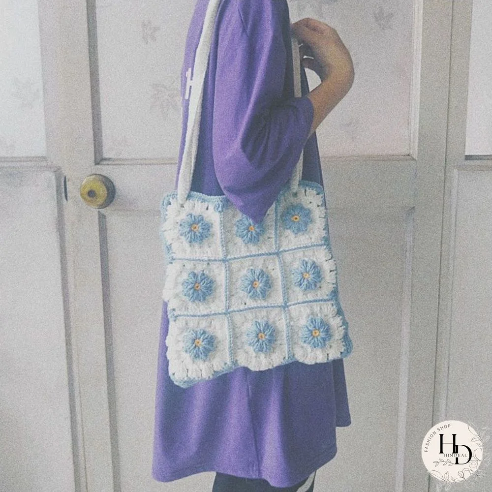 Multi Colors Hand Woven Knit Summer Sunflower Daisy Flowers Tote Bag