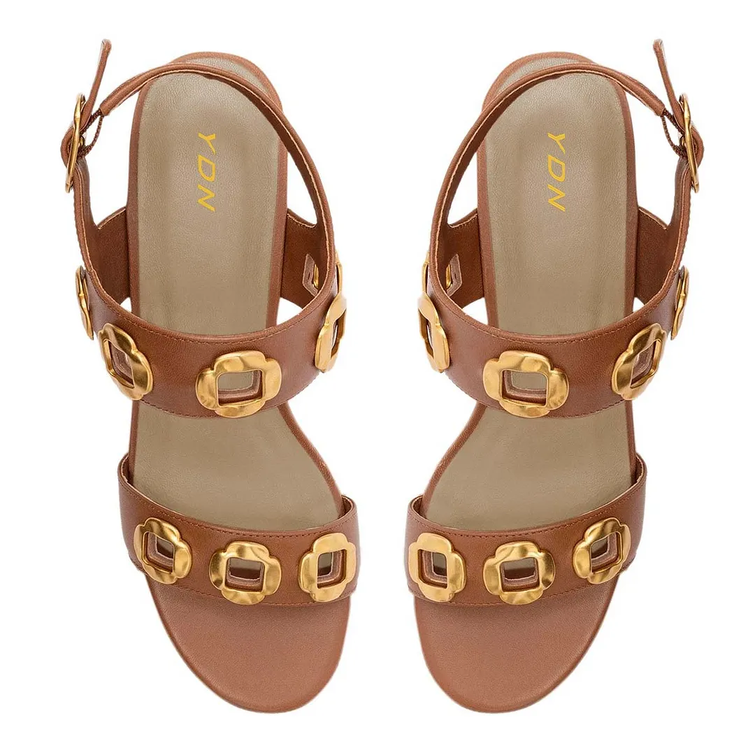 Brown Round Toe Wedge Heel Metal Decor Platform Sandals for Women