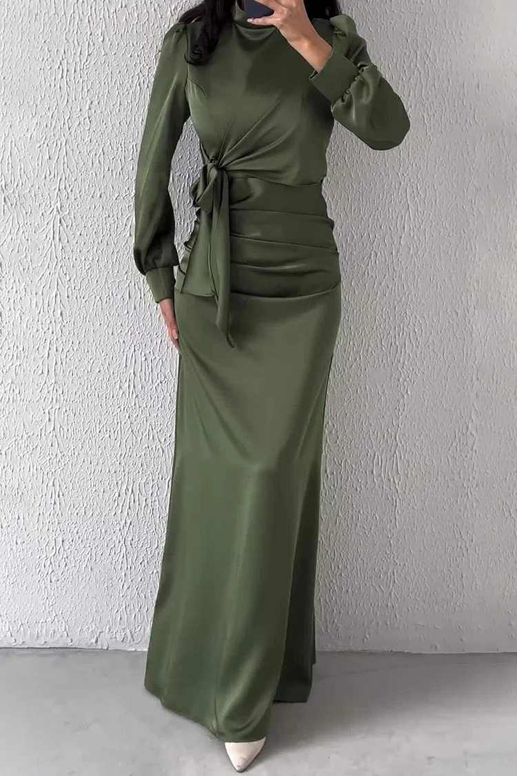 Mock Neck Tied Up Wrapped Long Sleeve Elegant Party Maxi Dresses
