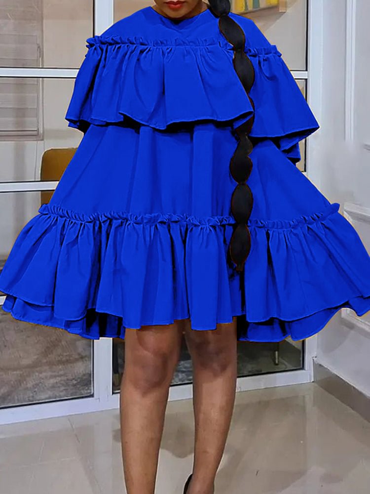 Solid Ruffle Round Neck A-Line Mini Dress SKUJ25701 QueenFunky