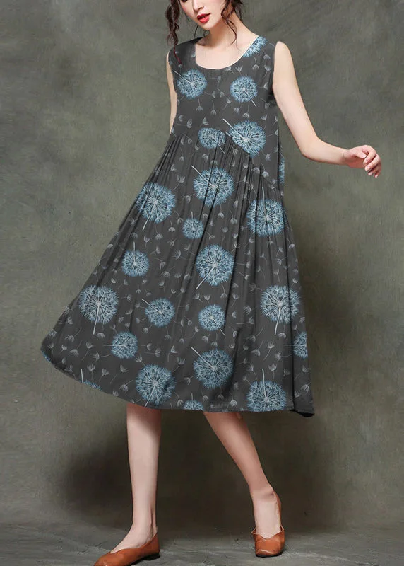 Casual gray-dandelion O-Neck Wrinkled Long Dresses Sleeveless