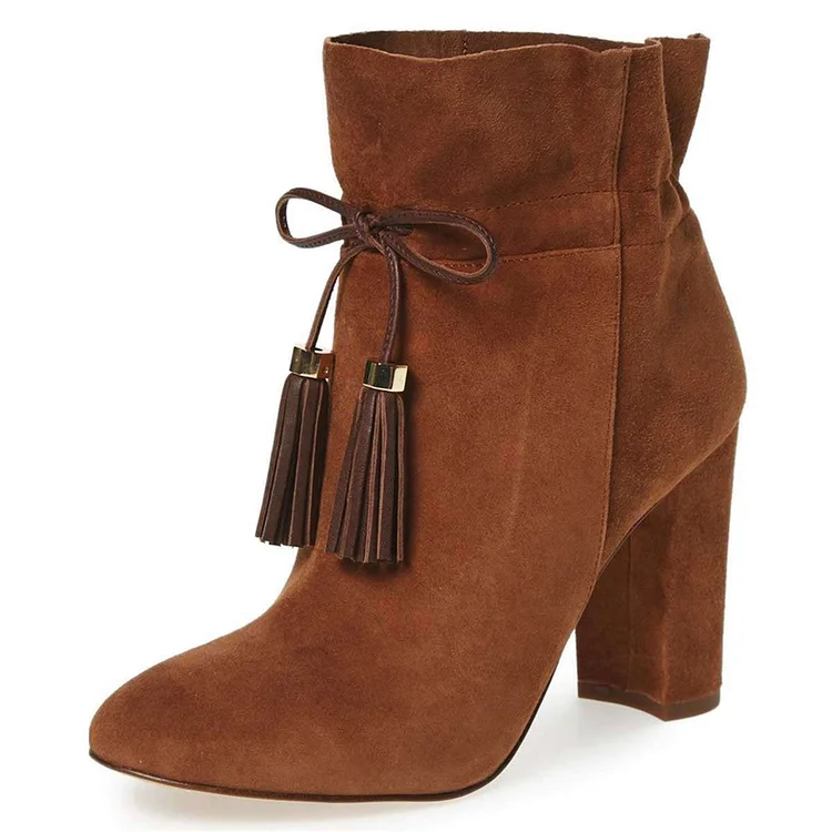 Brown Vegan Suede Fringe Chunky Heel Boots Ankle Boots |FSJ Shoes