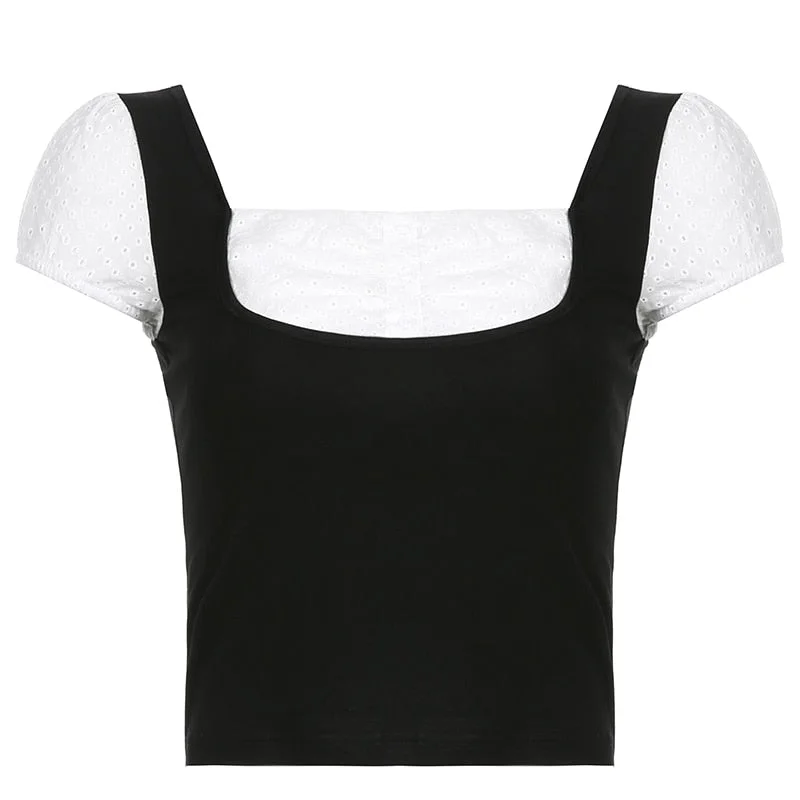 Square Collar Y2K Patchwork Crop Tees Casual Vintage Kawaii Buttons Tops Short Sleeves Fashion Korean Slim Shirts Cuteandpsycho