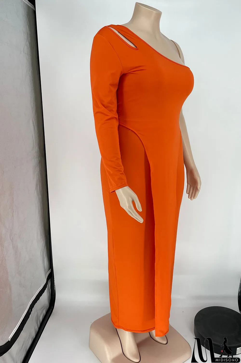 MidiSono - Tangerine Red Casual Solid Split Joint Off the Shoulder Pencil Skirt Plus Size Two Pieces
