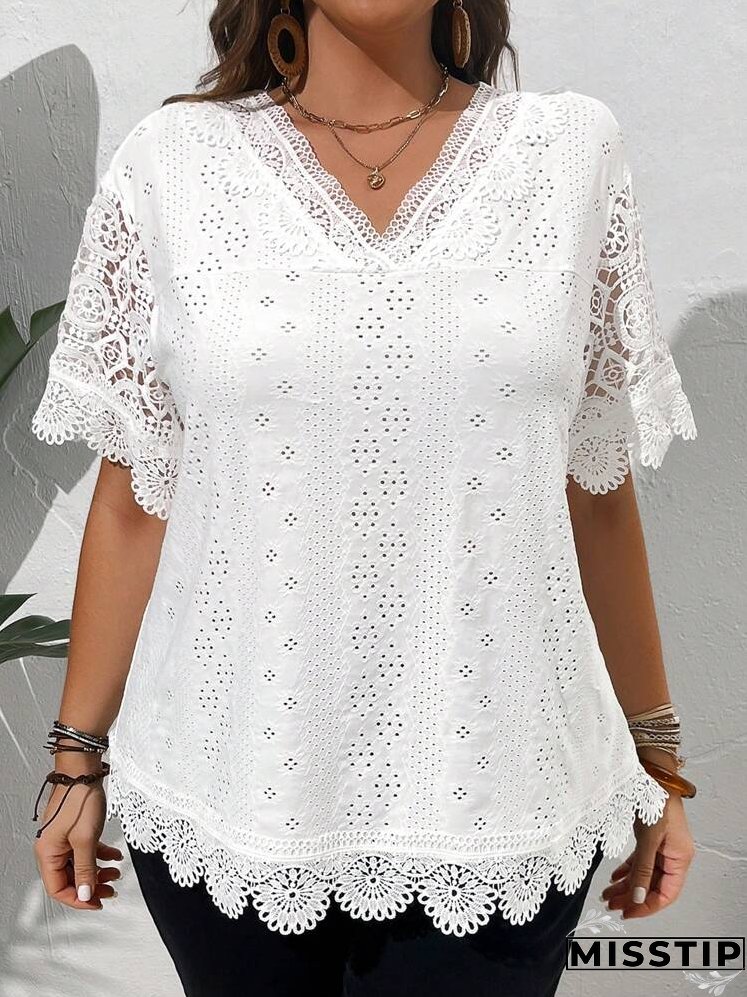 Plus Size Solid Color V-Neck Hollow Embroidery Elegant Short Sleeve Shirt, Summer