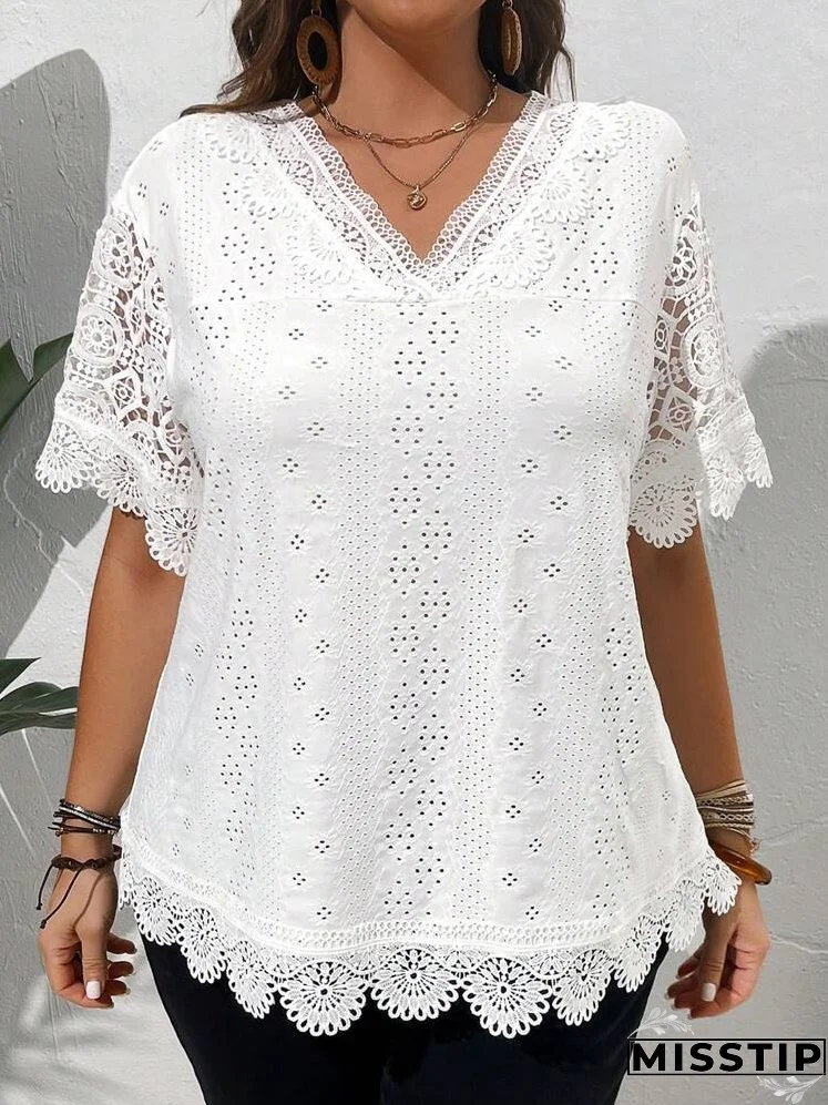 Plus Size Solid Color V-Neck Hollow Embroidery Elegant Short Sleeve Shirt, Summer