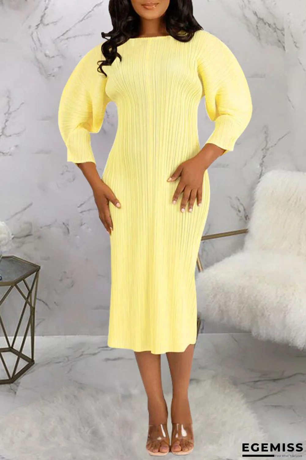 Light Yellow Casual Solid Patchwork Fold O Neck Straight Dresses | EGEMISS