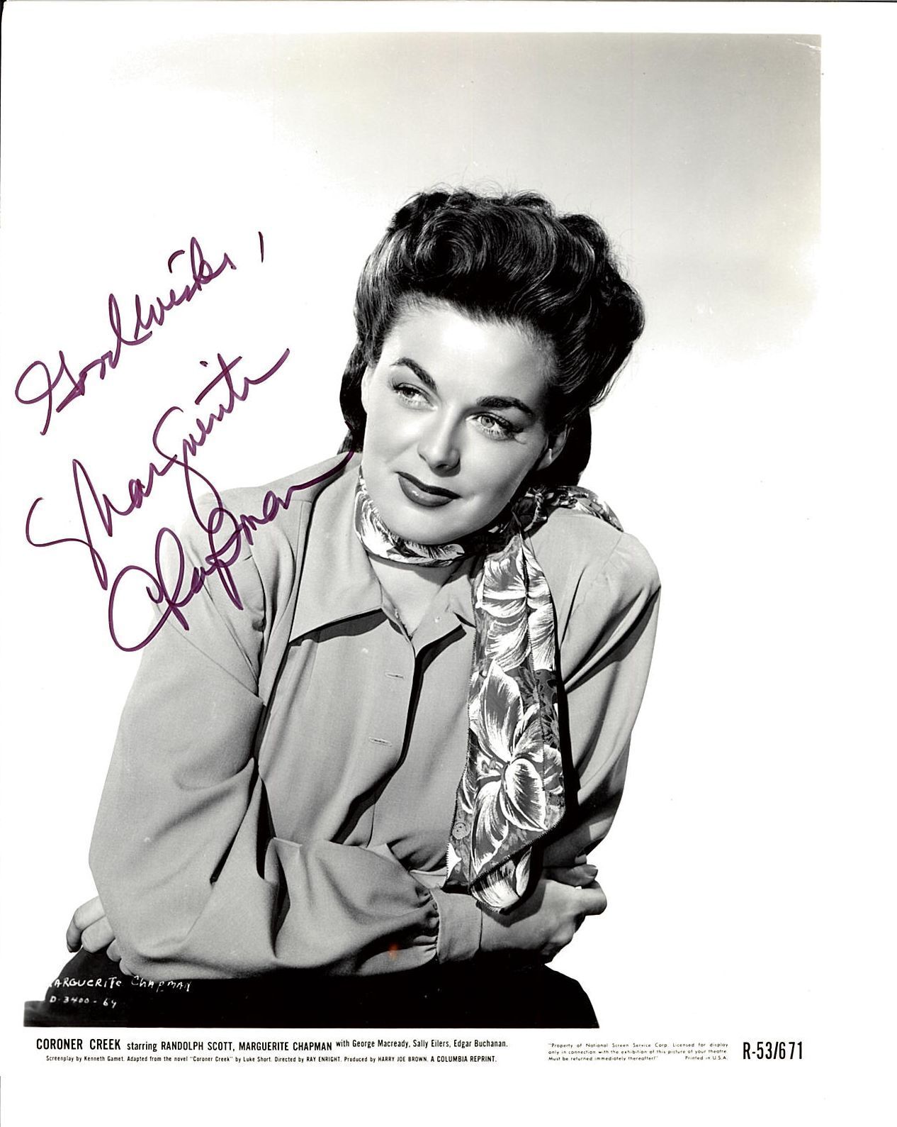 MARQUERITE CHAPMAN (DECEASED) SIGNED 8X10 JSA AUTHENTICATED COA # N38796