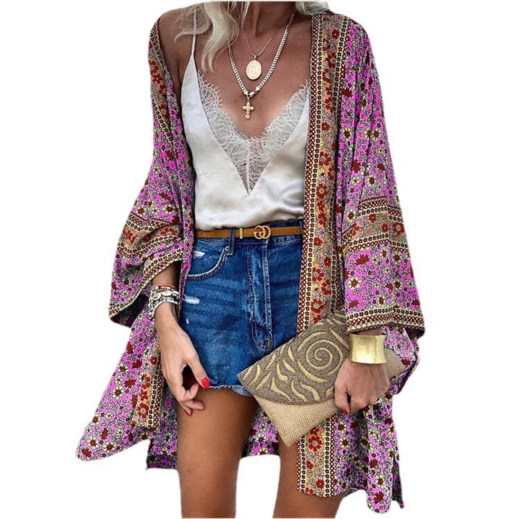 Uveng Early Autumn Street Hipster Thin Loose Bohemian Long-sleeved Printed Mid-length Cardigan
