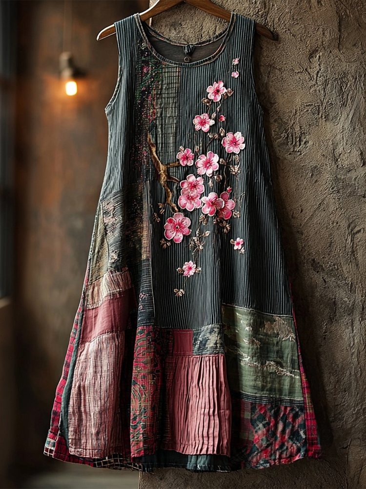 Japanese Plum Blossom Art Patchwork Comfy Linen Tank Dress wearshes