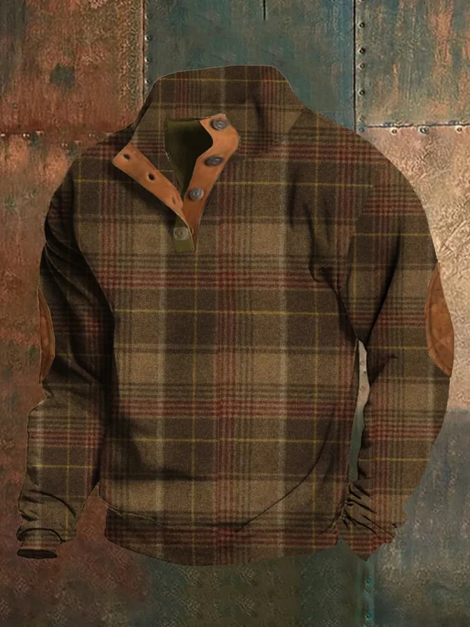 Men's Western Vintage Plaid Print Stand Collar Button-Down Sweatshirt