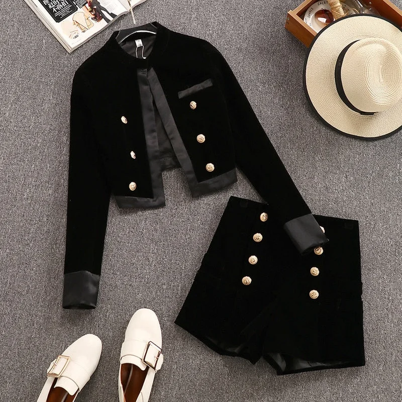 New Autumn Winter 2021 Short Black Double Breasted Palace Style Coat Women + High Waist Wide Leg Shorts Women's Two Piece set