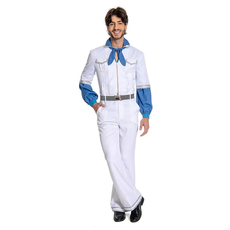 ABBA Benny Anderson Retro 70s Blue White Jumpsuit Outfits Cosplay Costume Halloween Carnival Suit