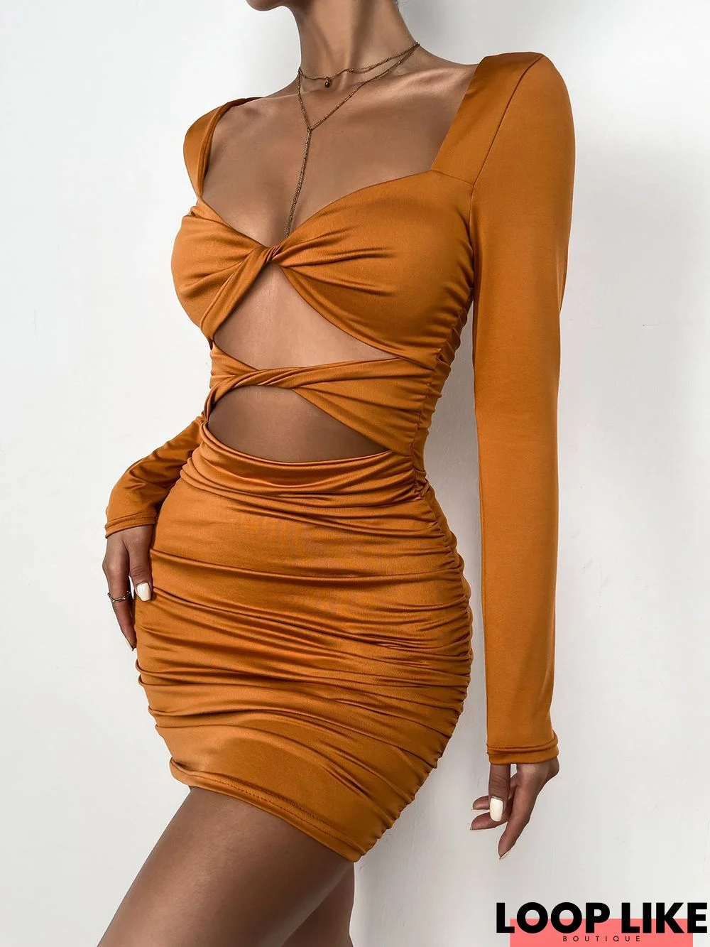 Long Sleeve Cut Out Ruched Mini Dresses