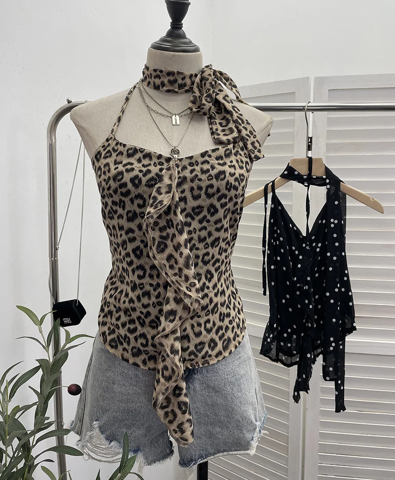 Nigikala Nigikala Shooting Lotus Side Hanging Neck Leopard Sling Female Summer Hot Waist With Small Vest Short Top 9139