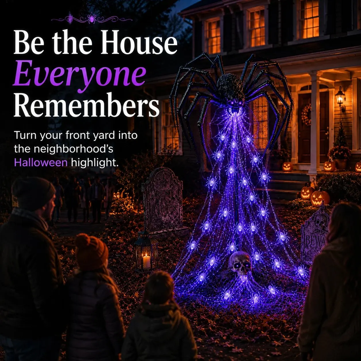 Family and neighbors looking at the giant glowing Halloween spider web yard display
