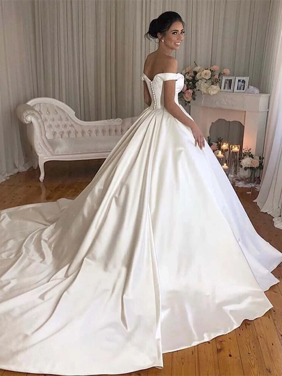 Elegant Off-the-Shoulder Ivory Satin Bridal Ball Dress - Xdressy
