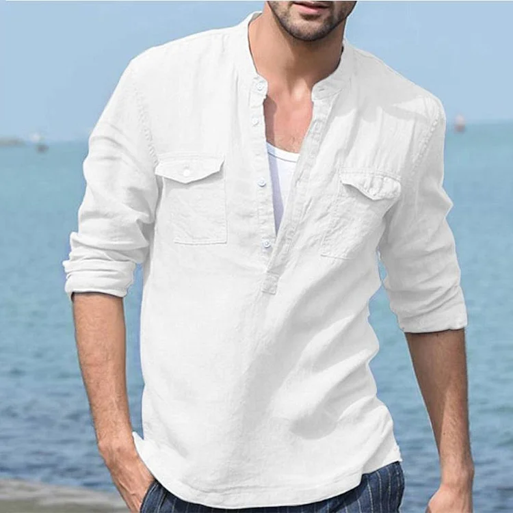 2022 Gentleman Long Sleeve Shirt Cotton Linen Beach Loose Shirt